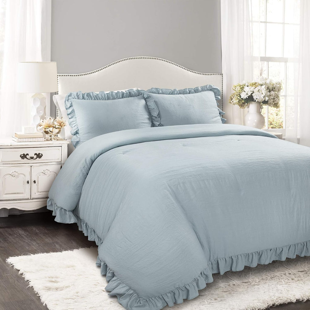 Lush Decor Reyna Ruffle Comforter Set, Full/Queen, Lake Blue, 3 Piece Cozy Bedding Set