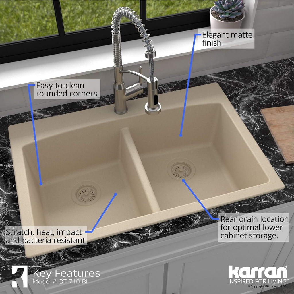 Karran QT-710 33 Inch Top Mount Double Bowl Kitchen Sink, 50/50 Low Divide Quartz Composite Drop-In Sink, Rear Drain, Heat and Scratch Resistant, Bisque