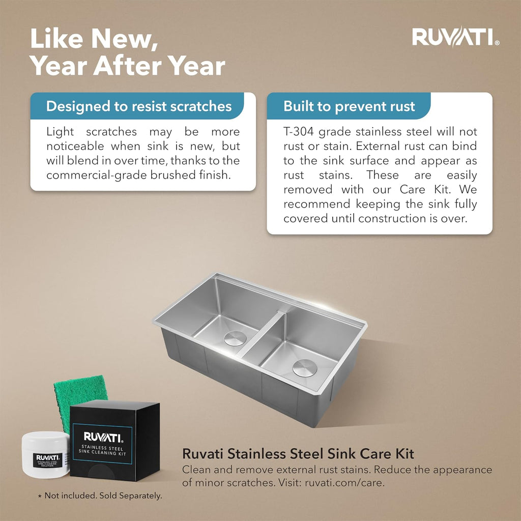 Ruvati 33-inch Workstation Rounded Corners 50/50 Double Bowl Undermount Kitchen Sink - RVH8351
