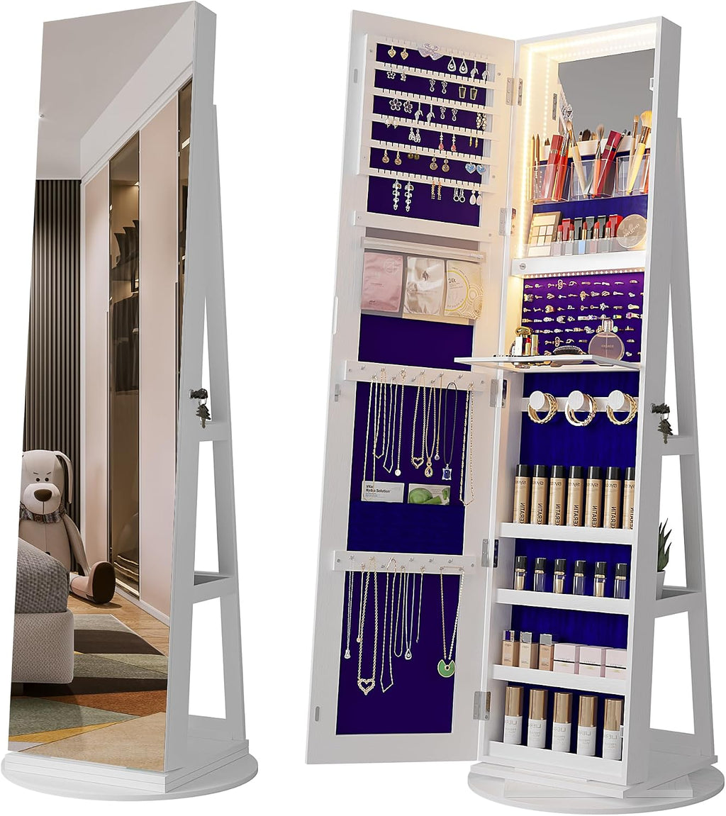 HNEBC LED Light Jewelry Organizer Mirror 360° Rotating, Jewelry Armoire with Door Mirror, Full Length Mirror Jewelry Cabinet, Mirror with Jewelry Storage, Large Jewelry Boxes & Organizers（B_White）