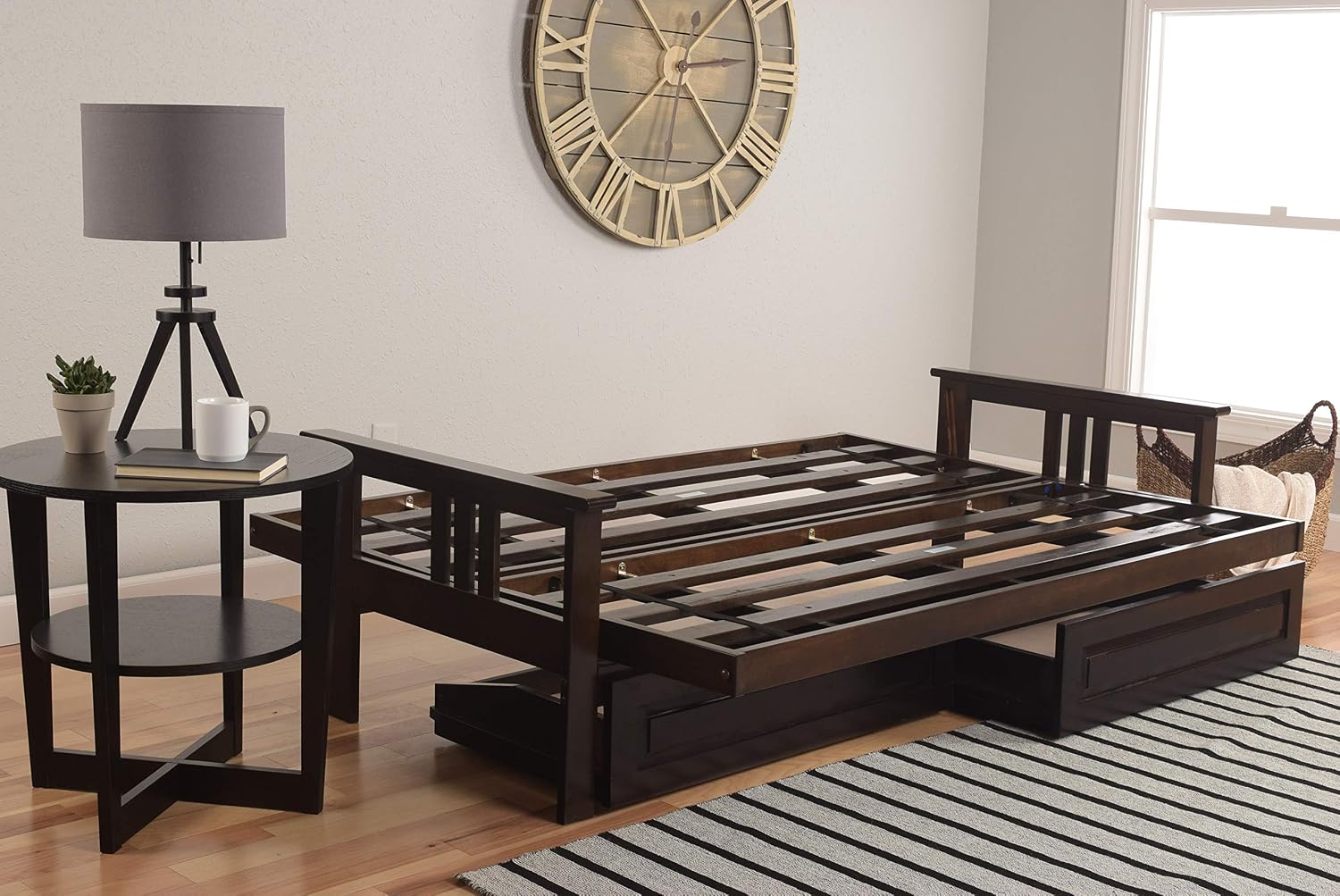 Kodiak Furniture Monterey Futon Set with Storage Drawers, with Espresso Base and Linen Charcoal Mattress