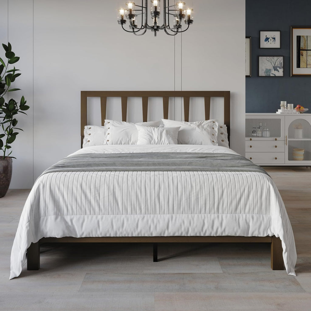 HOME DESIGN Elmira Twin Wood Platform Bed, Solid Wood Frame with Adjustable Height Headboard Leg, Easy Assembly, Brown Finish