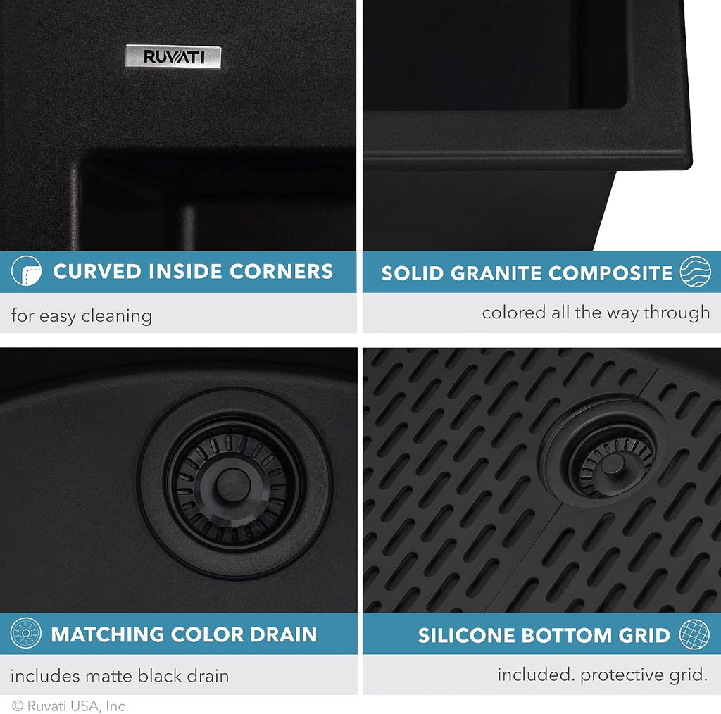 Ruvati 33 x 22 inch epiGranite Drop-in Topmount Granite Composite Quartz Single Bowl Kitchen Sink - Midnight Black - RVG1080BK