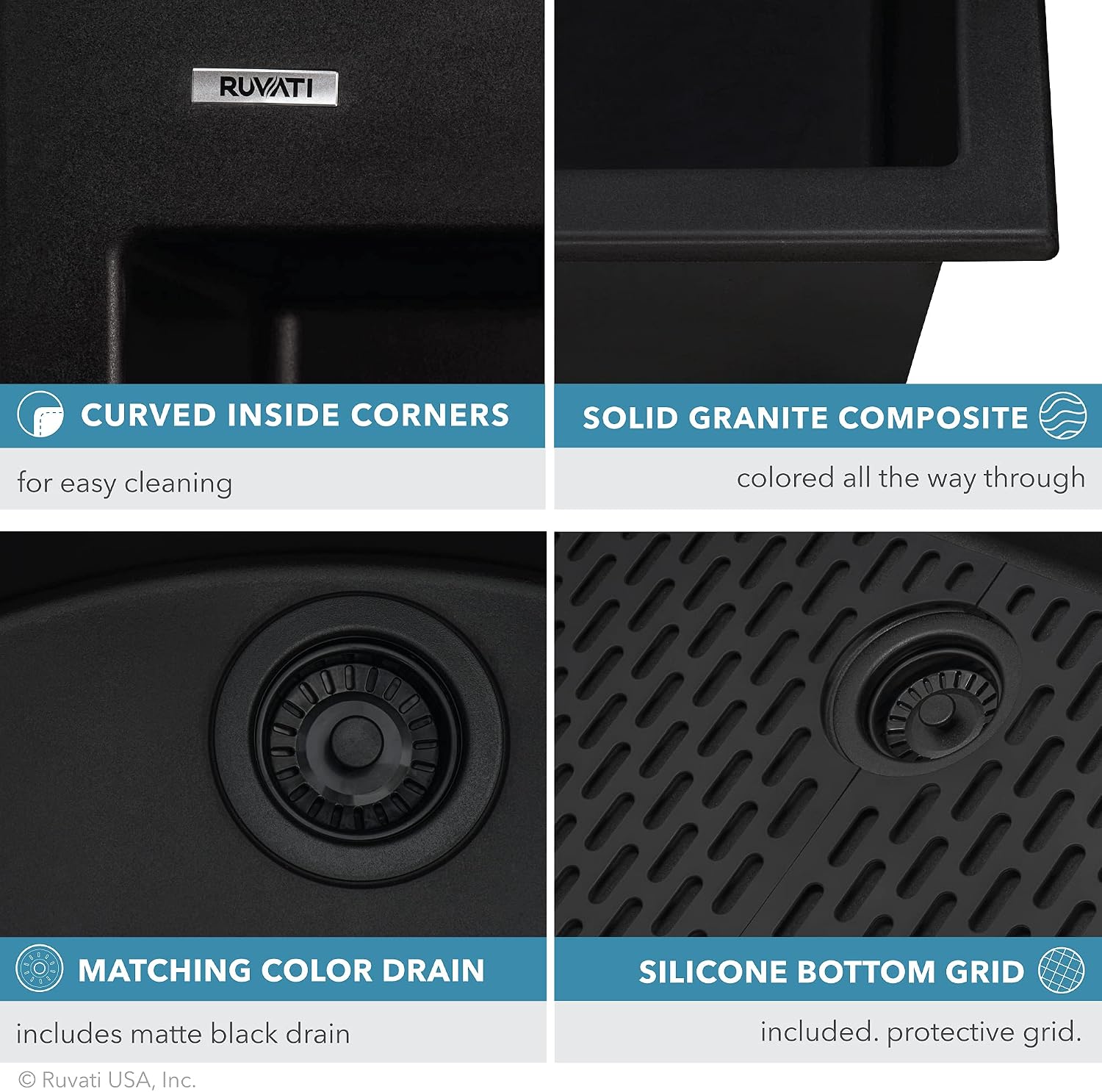 Ruvati 27 x 20 inch Drop-in Topmount Granite Composite Quartz Single Bowl Kitchen Sink - Midnight Black - RVG1027BK