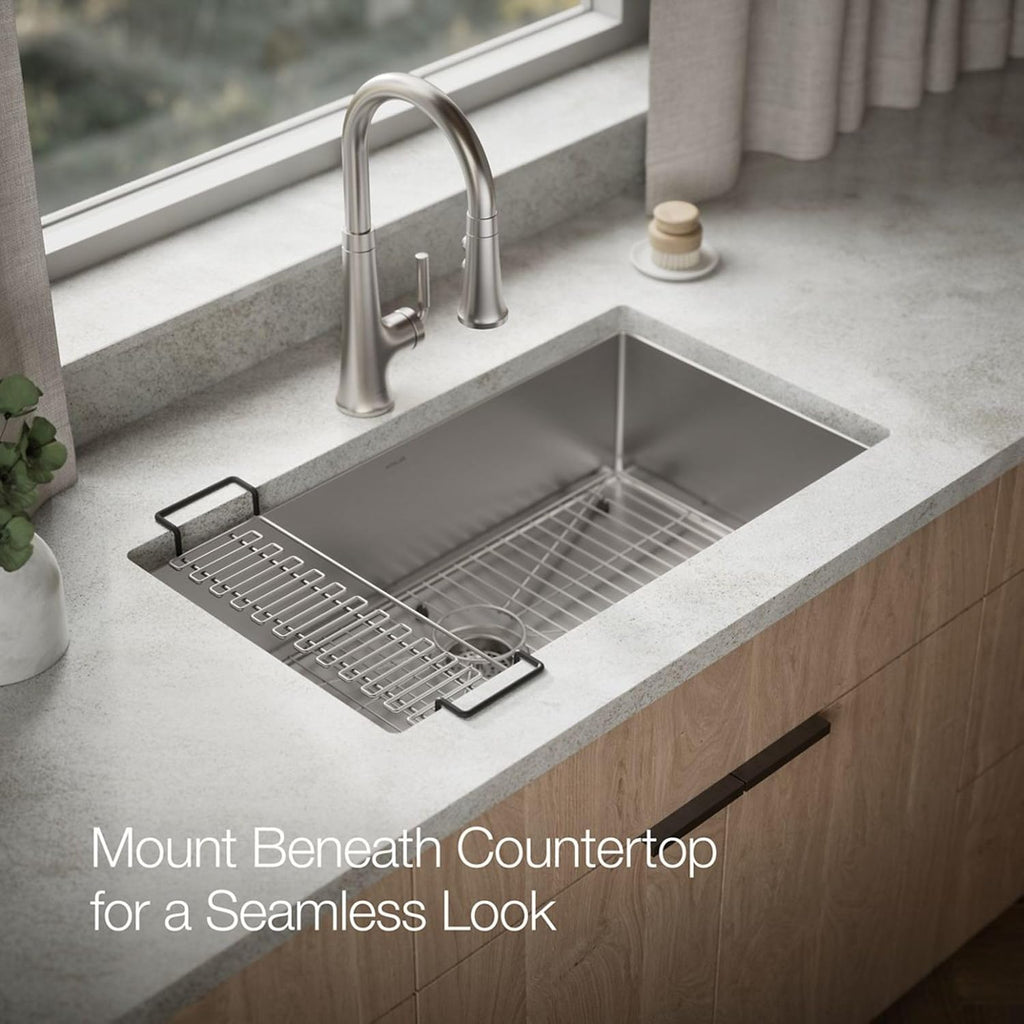 KOHLER Strive® 32' Undermount Kitchen Sink, Single Bowl Kitchen Sinks with Basin Rack, Stainless Steel, K-5285-NA