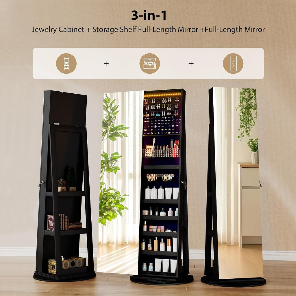 LVSOMT 360° Rotating Full Length Mirror Jewelry Cabinet with Sliding Door, LED Lighted Lockable Jewelry Armoire Organizer, Standing Up Mirror with Storage for Bedroom Dressing Room, Black