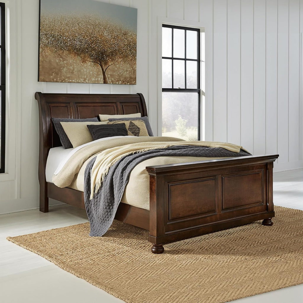 Signature Design by Ashley Porter Traditional Queen Sleigh Bed with Bun Feet, Foundation or Box Spring Needed, Dark Brown
