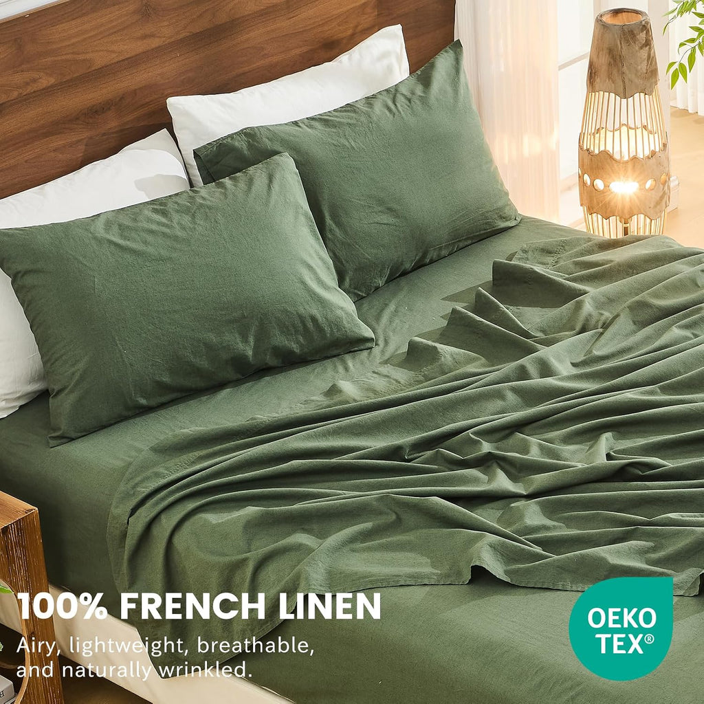 Bedlifes 100% French Flax Linen Sheets Set King Size - 6 Piece Extra Deep Pocket 18-24',Soft Breathable King Bed Sheets with Temperature Regulating & Moisture-Wicking(Forest Green