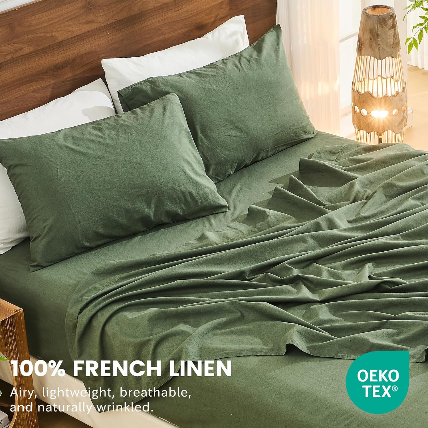 Bedlifes 100% French Flax Linen Sheets Set King Size - 6 Piece Extra Deep Pocket 18-24',Soft Breathable King Bed Sheets with Temperature Regulating & Moisture-Wicking(Forest Green