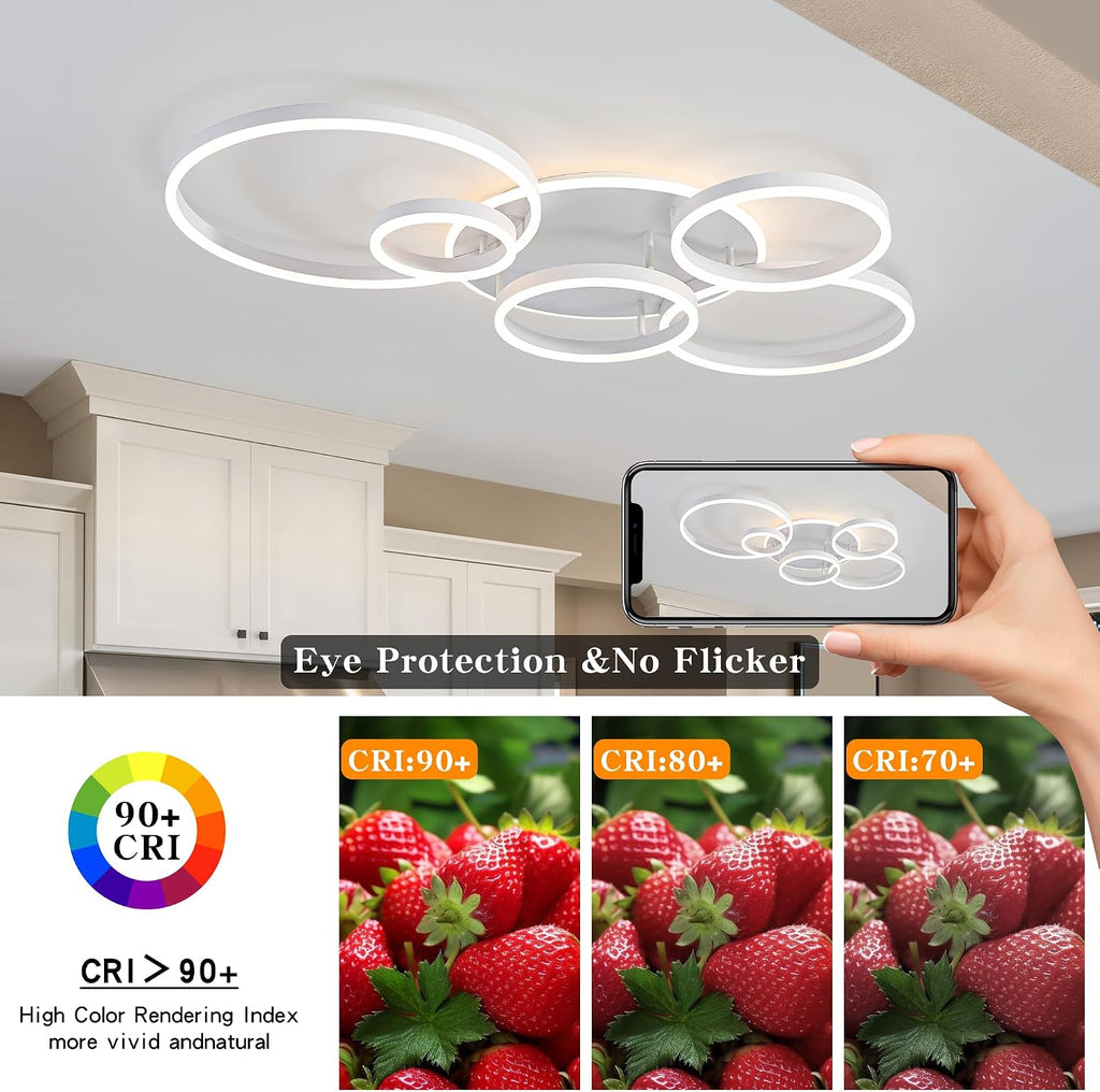 O'NEELDY Modern LED Ceiling Light White Flush Mount Ceiling Lights Fixtures Dimmable 47' Dining Room Light Fixture with Remote 6 Rings Kitchen Lighting Fixtures Ceiling Lamp for Bedroom,Living Room