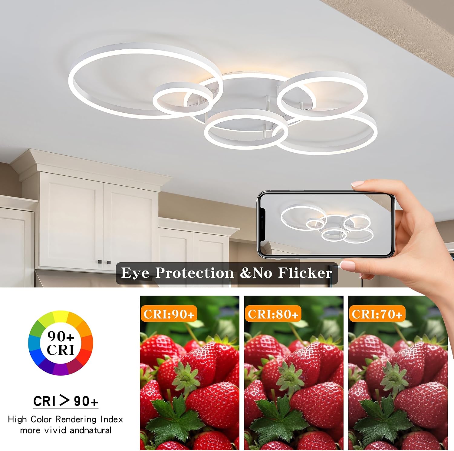 O'NEELDY Modern LED Ceiling Light White Flush Mount Ceiling Lights Fixtures Dimmable 47' Dining Room Light Fixture with Remote 6 Rings Kitchen Lighting Fixtures Ceiling Lamp for Bedroom,Living Room