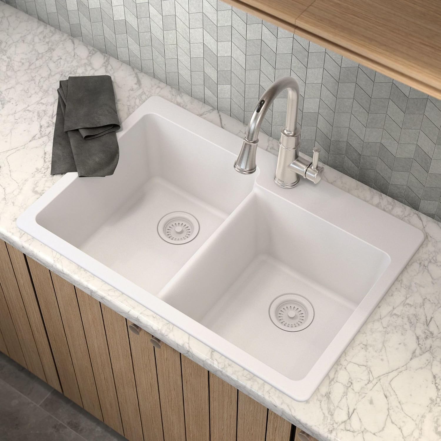 Moen Host White Granite 33-Inch Wide x 9.5-Inch Deep Dual Mount Double Bowl Kitchen Sink, GGW3024B