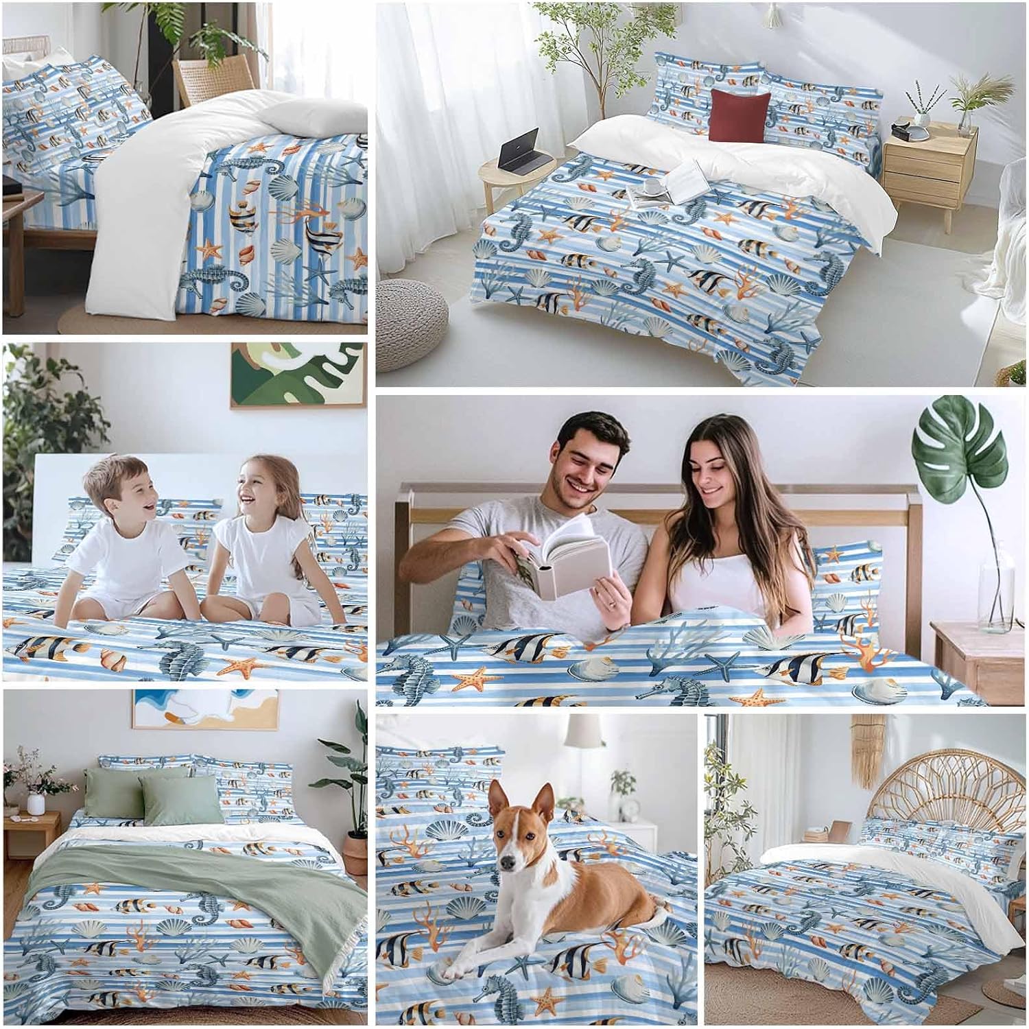 Summer Marine Life Duvet Cover Set Queen Size 4 Pieces Seahorses Corals Tropical Fish Blue Striped Bedding Set with Zipper Closure, 1 Comforter Cover 92x106 Inches 1 Flat Sheet & 2 Pillow Cases