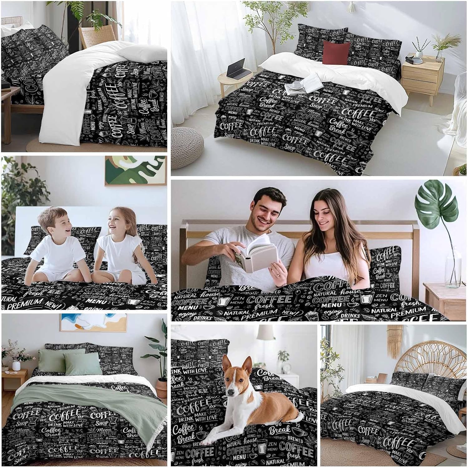 Black White Theme Duvet Cover Set Queen Size 4 Pieces Modern Bread Coffee Pot Milk Drink Minimalist Bedding Set with Zipper Closure, 1 Comforter Cover 86x86 Inches 1 Flat Sheet & 2 Pillow Cases