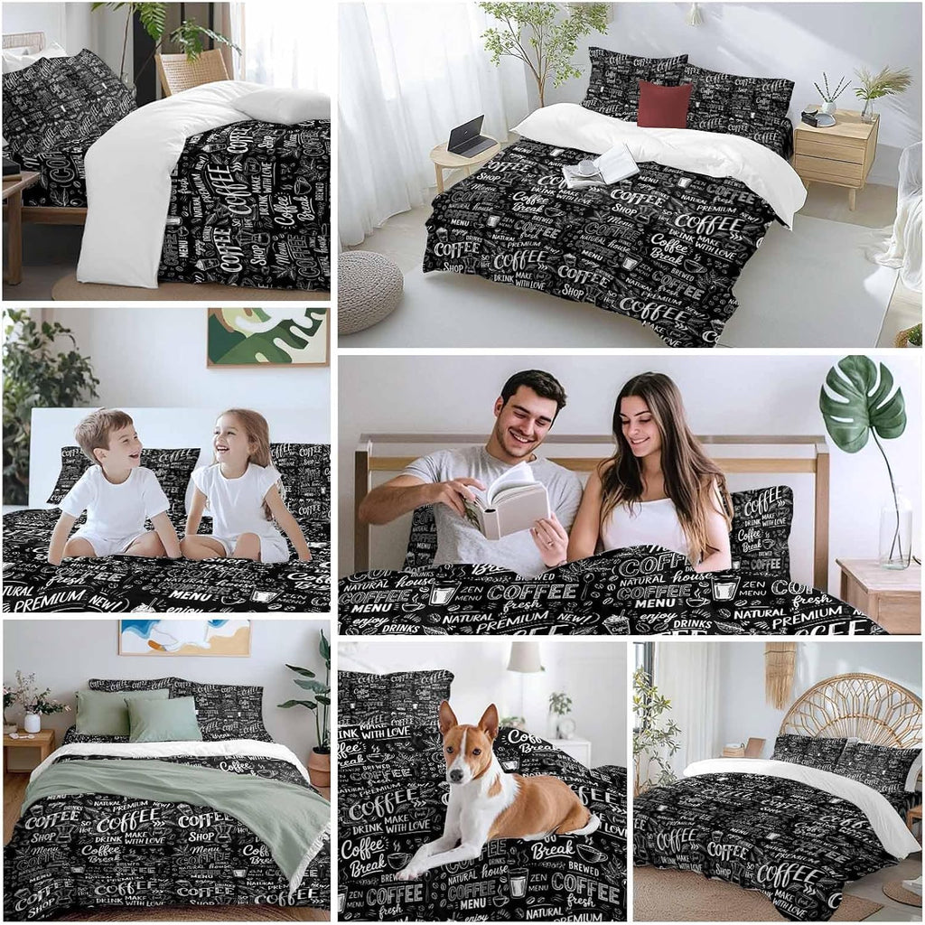 Black White Theme Duvet Cover Set Queen Size 4 Pieces Modern Bread Coffee Pot Milk Drink Minimalist Bedding Set with Zipper Closure, 1 Comforter Cover 92x106 Inches 1 Flat Sheet & 2 Pillow Cases