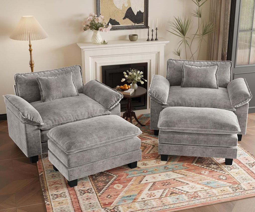 HUSFU 49.5'' Oversized Accent Chair with Ottoman, Chenille Cloud Couch Chair with Deep Seat and Extra Wide Armrests, Comfy Reading Armchair for Bedroom, Living Room, Set of 2, Gray