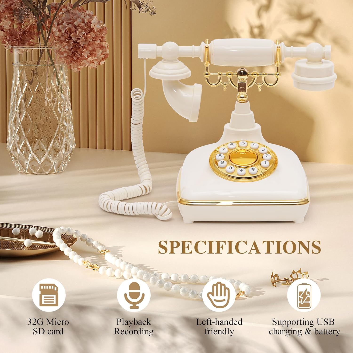 UKBW Audio Guest Book Wedding Phone, Audio Phone Guestbook, Vintage Retro Style Audio Guest Book Phone for Wedding, Birthday Party, Anniversary and Other Special Occasions(Beige)