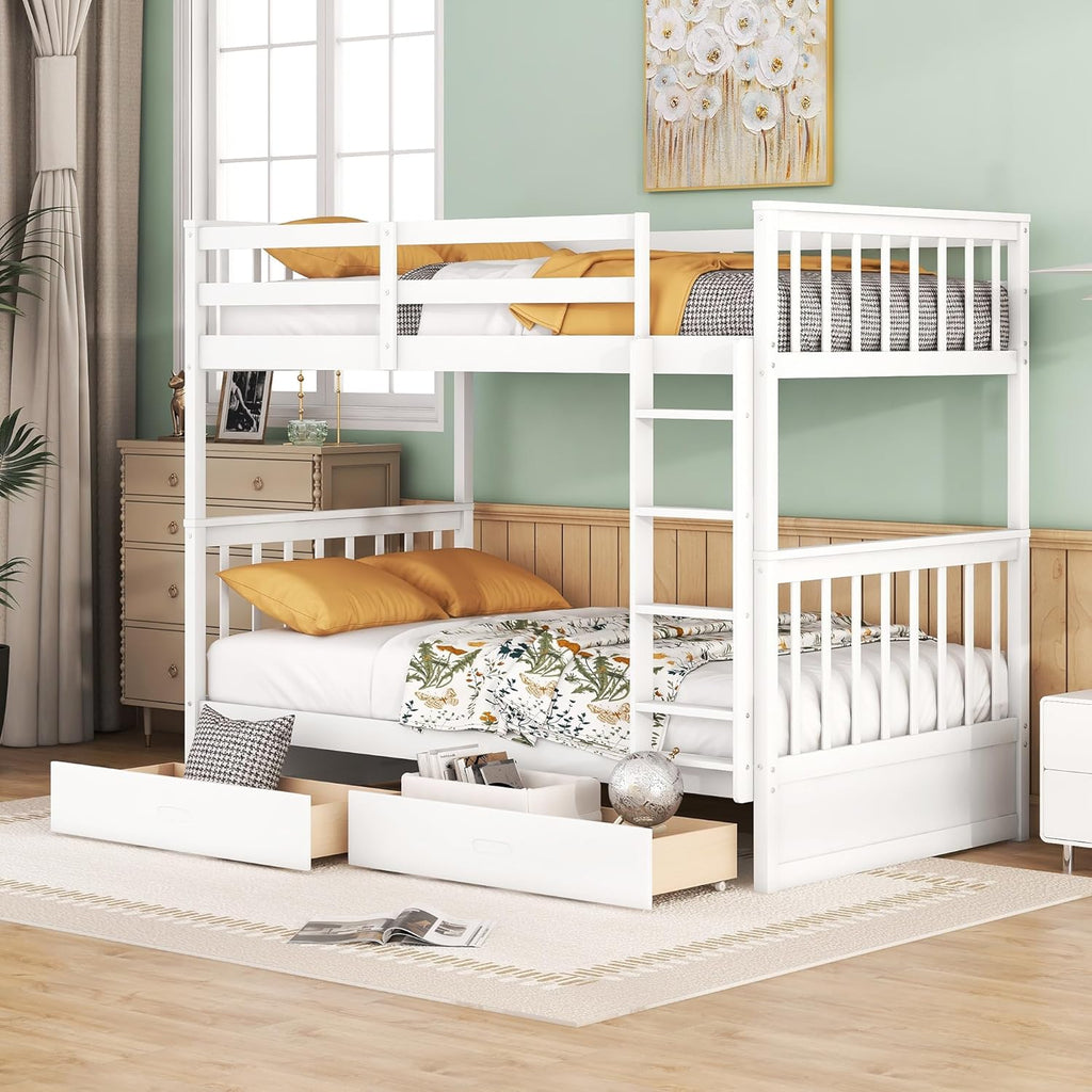 Merax Wood Bunk Bed with Drawers,Convertible Bunk Bed with Ladders and Two Storage Drawers,Solid Wood Detachable Bed Frame with Ladders,Twin Over Twin Size,White