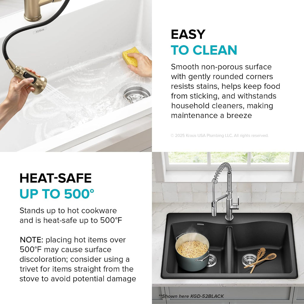 KRAUS Forteza 33-inch Granite Drop In/Undermount 50/50 Double Bowl White Kitchen Sink, KGD-52WHITE
