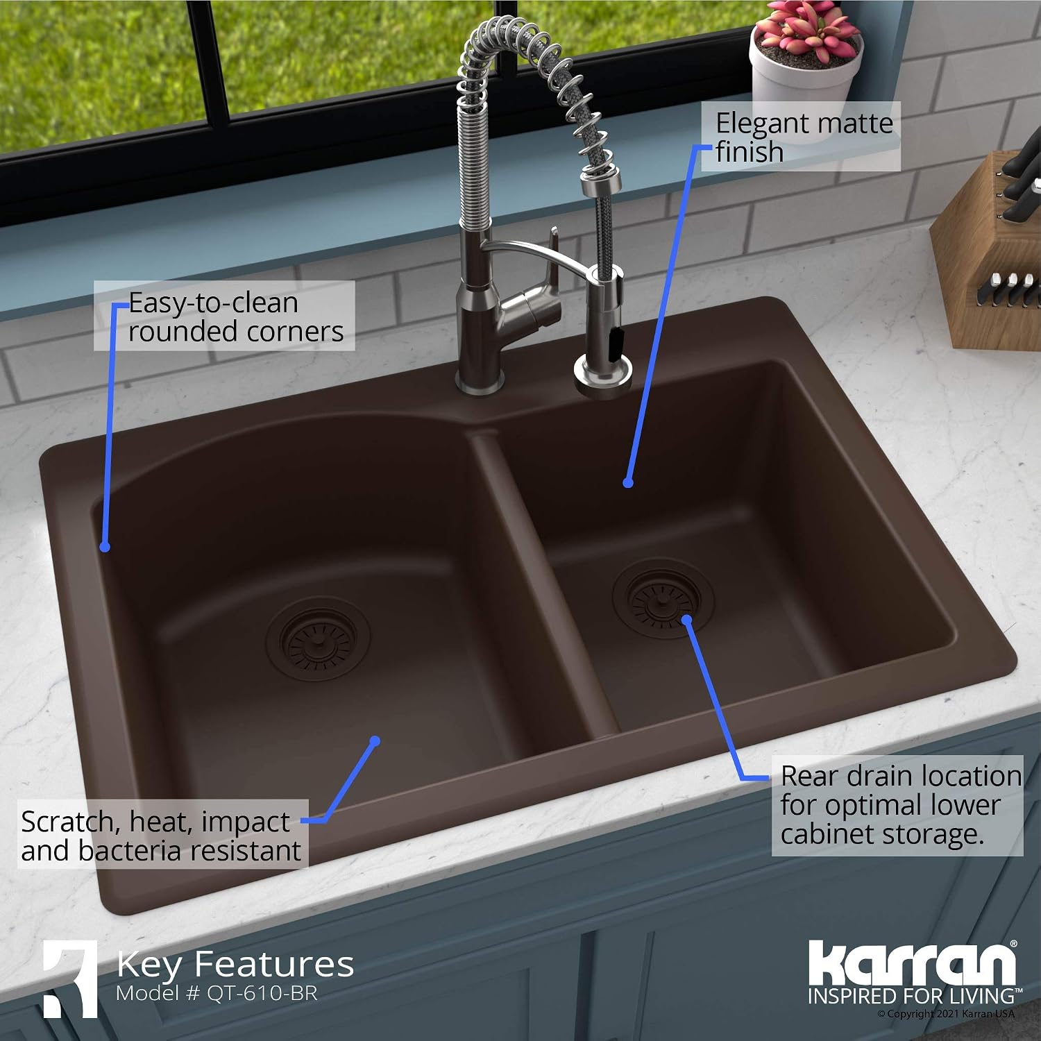 Karran 33' Drop-In/Top Mount Quartz Composite 1-Hole 60/40 Double Bowl Kitchen Sink in Brown