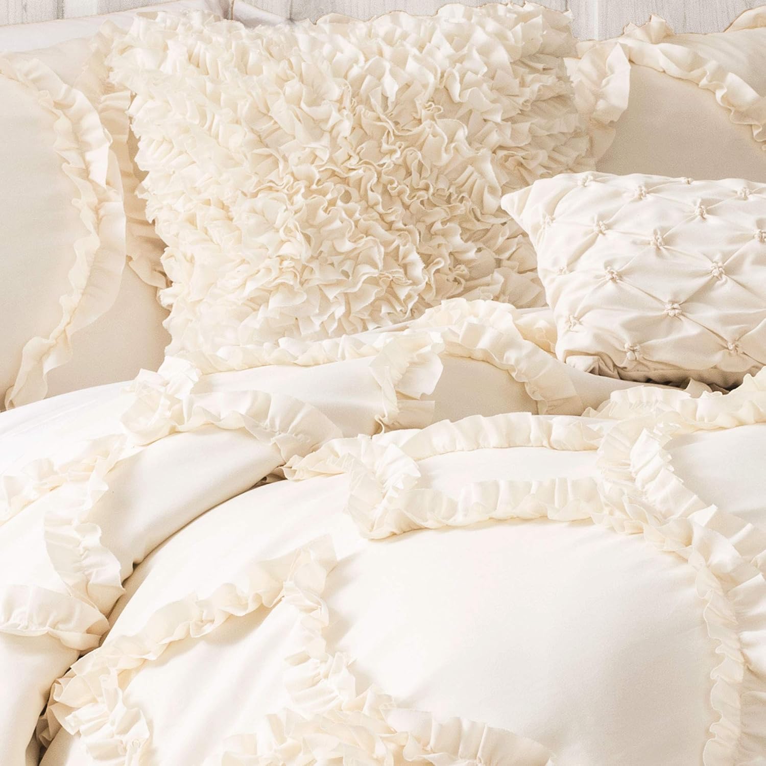 Lush Decor Avon Comforter Set, 3 Piece Set, King, Ivory - Romantic Farmhouse Bedding Set - Elegant Ruffle Bedding - Soft Textured Comforter - Country Cottage & Farmhouse Bedroom Decor