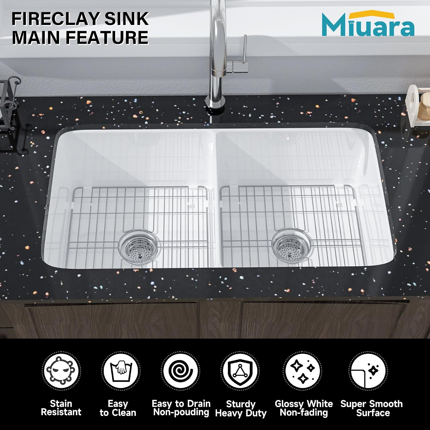 Miuara White Undermount Kitchen Sink 32 Inch Double Bowl 50/50 - Topmount Fireclay Drop In Sink 32'x19'x10', Dual Mount, Heavy Duty Dual Basin, with 4 Custom Accessories, Glossy White, for Kitchen