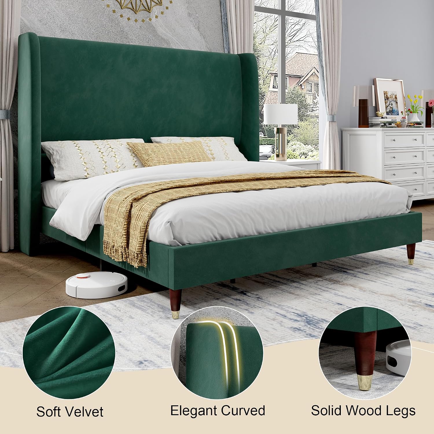 PaPaJet King Bed Frame with 51.2' Tall Wingback Headboard,Velvet Upholstered Platform Bed,Solid Wood Legs,No Box Spring Needed,Noise-Free&Easy Assembly,for Master Bedroom & Luxury Home,Green