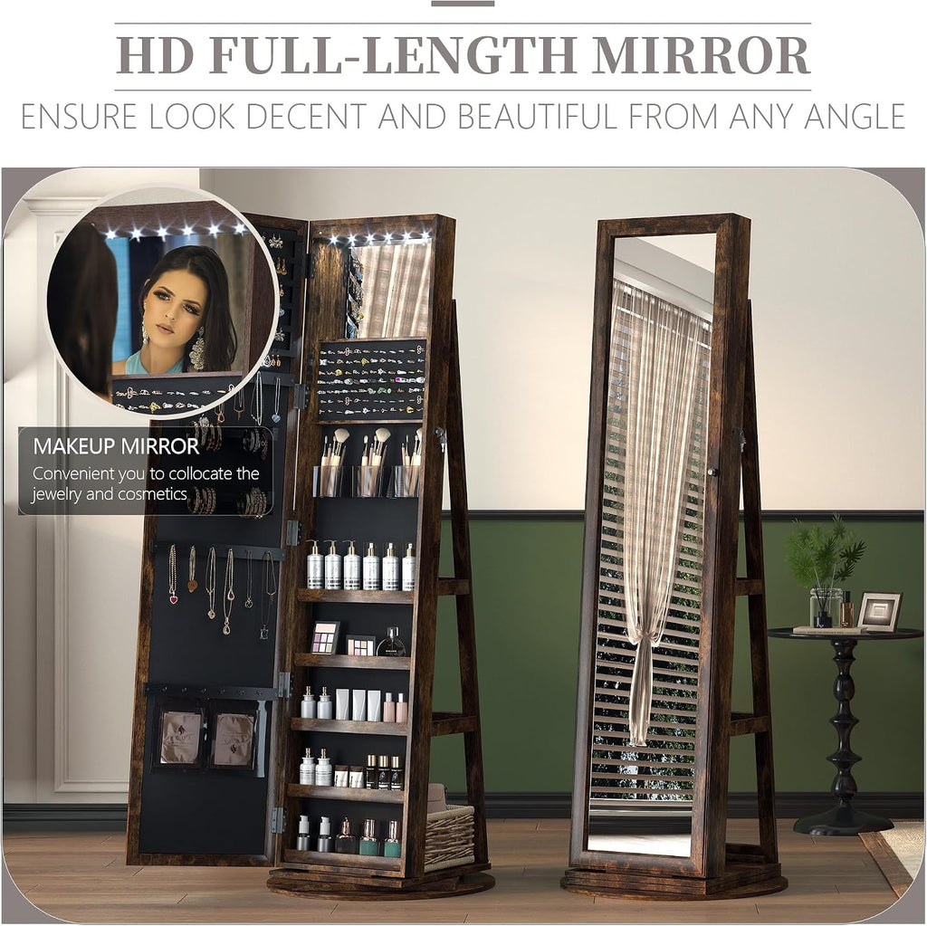 LVSOMT Mirror Jewelry Cabinet Standing, 360° Swivel Jewelry Armoire with 6 LED Lights and Interior Mirror, Full Length Mirror with Storage, Standing Lockable Jewelry Organizer, Retro Brown