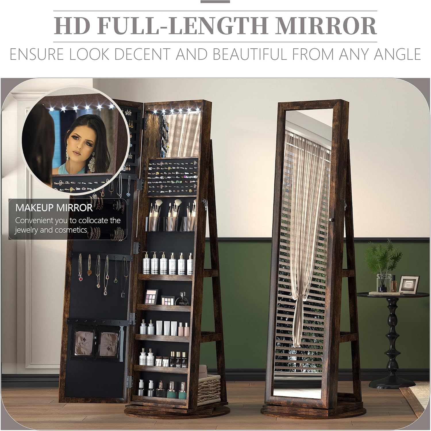 LVSOMT Mirror Jewelry Cabinet Standing, 360° Swivel Jewelry Armoire with 6 LED Lights and Interior Mirror, Full Length Mirror with Storage, Standing Lockable Jewelry Organizer, Retro Brown