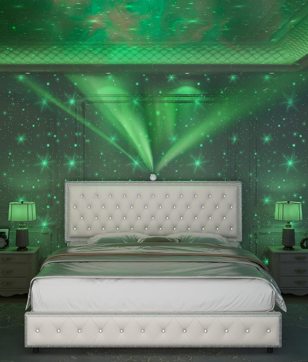 Full Upholstered Platform Bed Frame with LED Headboard, Built-in Star Projector & Adjustable Headboard, No Box Spring Needed, Easy Assembly, Solid Wood Slats,Modern Bedroom Furniture, Velvet Cream