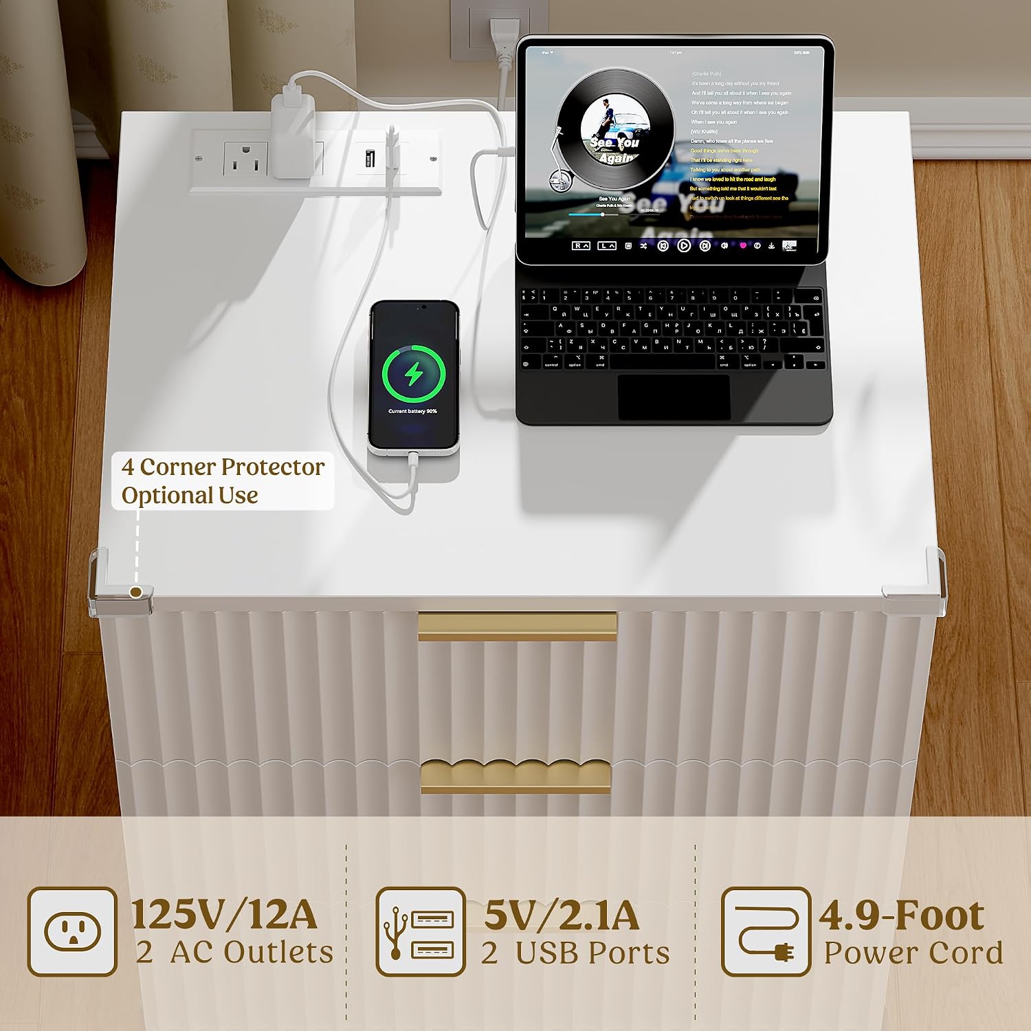 Lulive Modern Dresser and Nightstand Sets 3-Piece, 6-Drawer Dresser + 2 White Night Stands with Charging Station Bedroom Sets Solid Wood Legs (White)