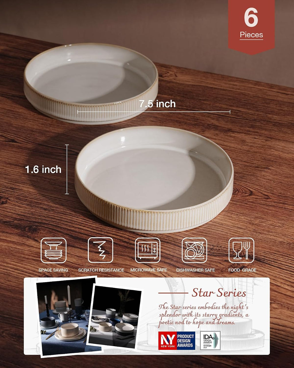 famiware Star 7.5' Pasta Bowls Set, Salad Bowl Set of 6, Double Reactive Glaze, Stackable, Perfect for Your Friend for Housewarming, Thanksgiving, Christmas, Cappuccino White (Pack of 3)