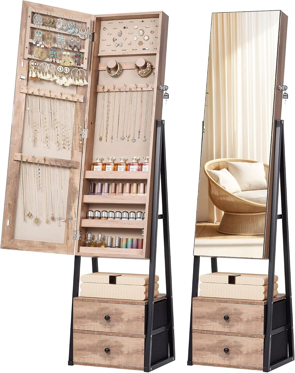Nicetree Jewelry Cabinet Armoire with 2 Drawers,Standing Jewelry Mirror Cabinet, Full Length Mirror with Jewelry Storage, Lockable Jewelry Organizer with Mirror,Toasted Oak