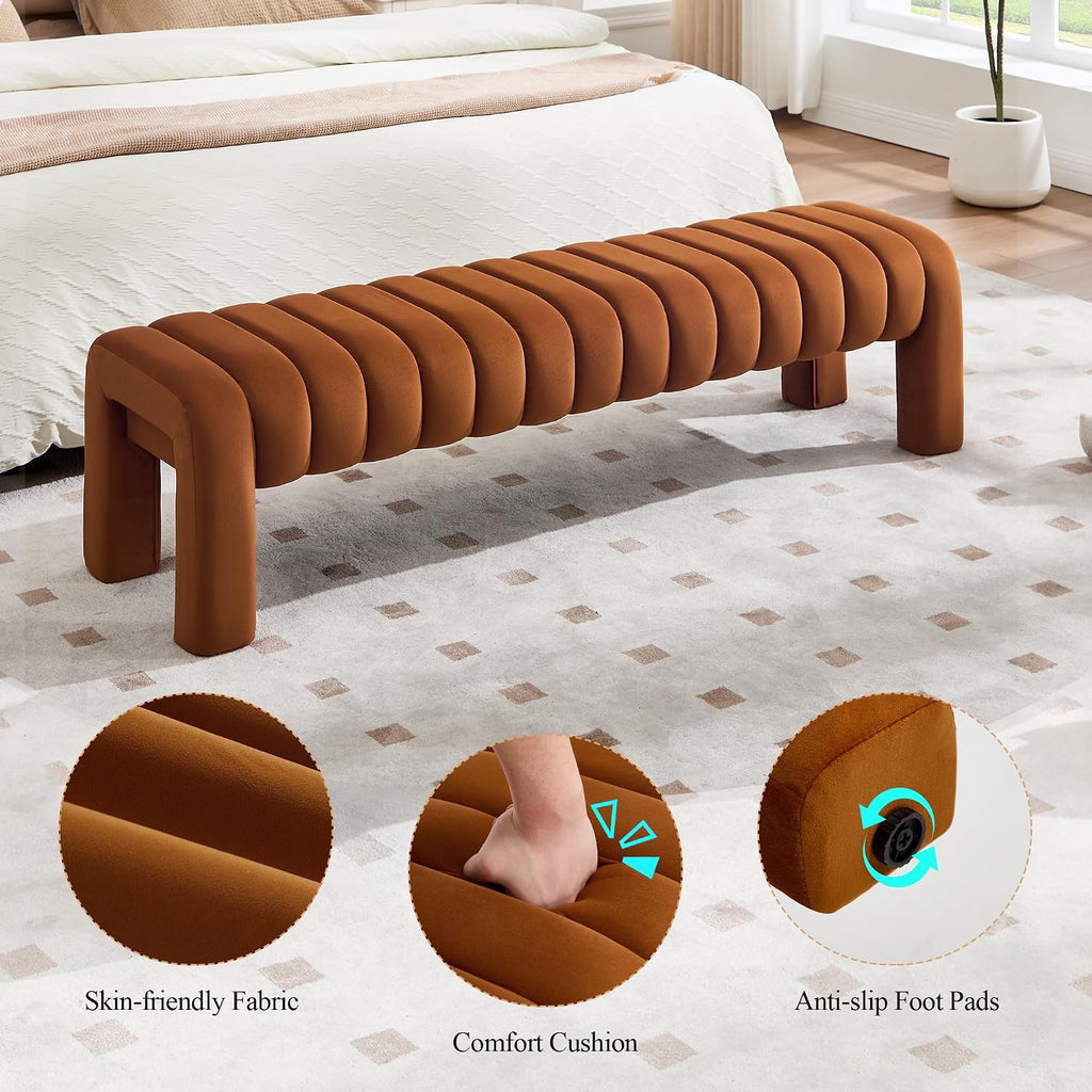 63'' Bedroom Bench, Upholstered End of Bed Bench with Solid Wood Legs, Modern Long Dining Bench with Full Covered Fabrics for Entryway, Bedroom, Living Room (Brown, Velvet)