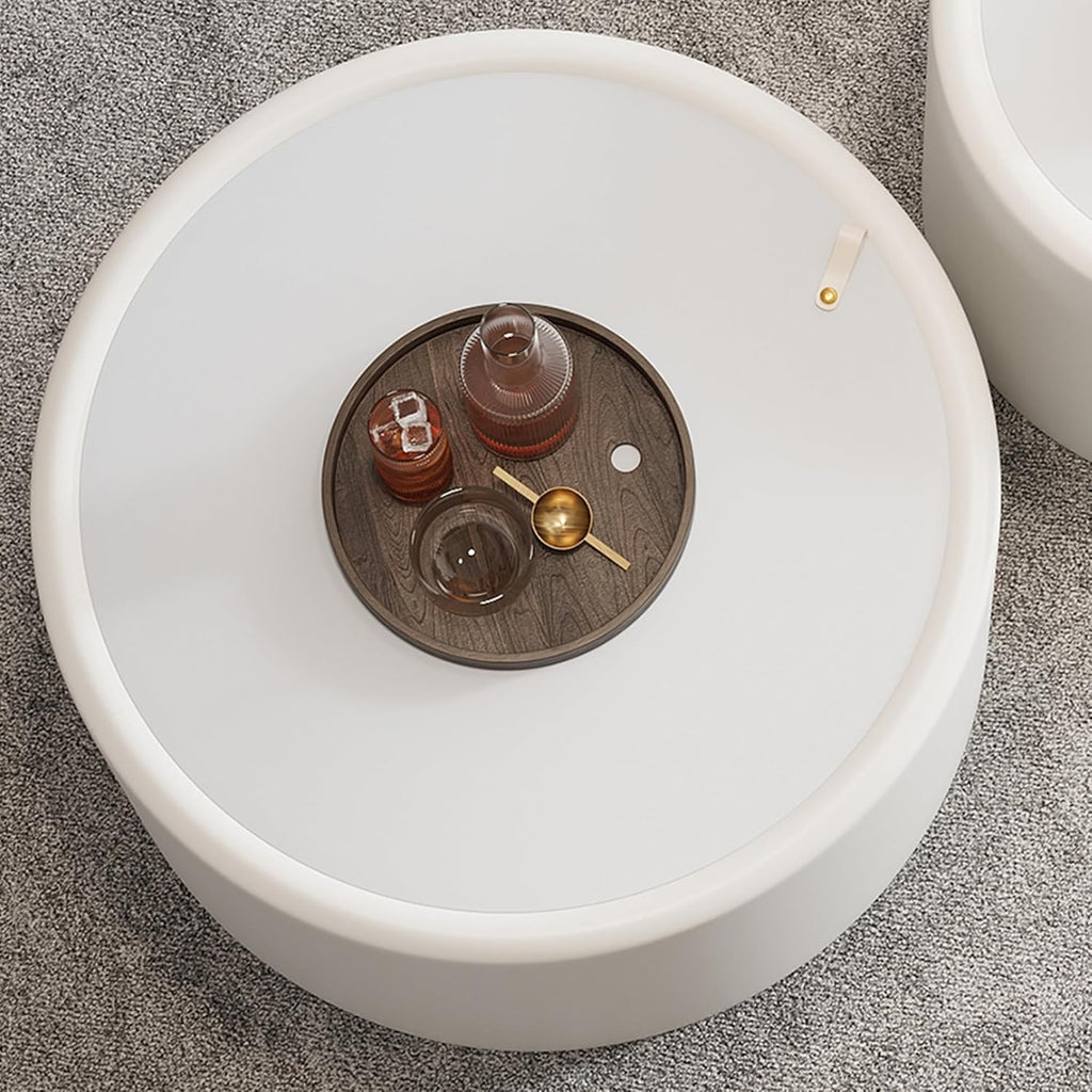 27.56' White Round Coffee Table with Hidden Storage, Drum Coffee Table with Tempered Glass Top and PU Leather Body, Circle Cocktail Tea Table for Living Room, No Assemble