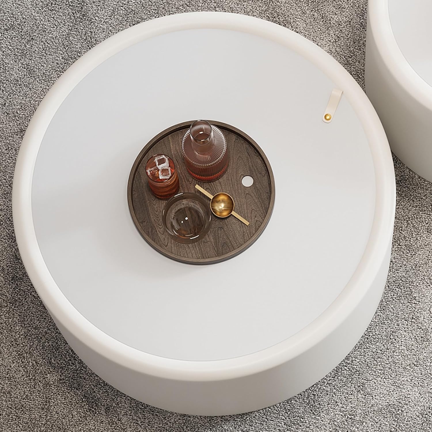 27.56' White Round Coffee Table with Hidden Storage, Drum Coffee Table with Tempered Glass Top and PU Leather Body, Circle Cocktail Tea Table for Living Room, No Assemble