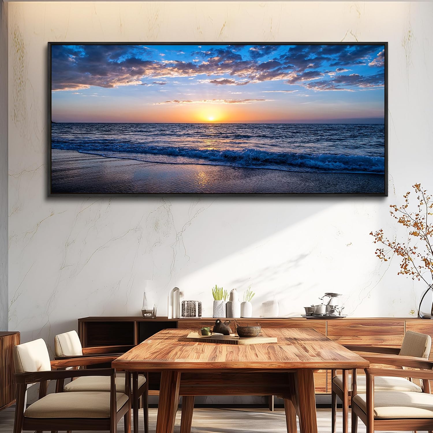 hyidecorart Blue Ocean Wall Art Large Paintings For Living Room Wall Decor For Bedroom Landscape Nature Artwork For Walls Canvas Prints Calm Waves Beach Pictures For The Office Black Framed 72x32