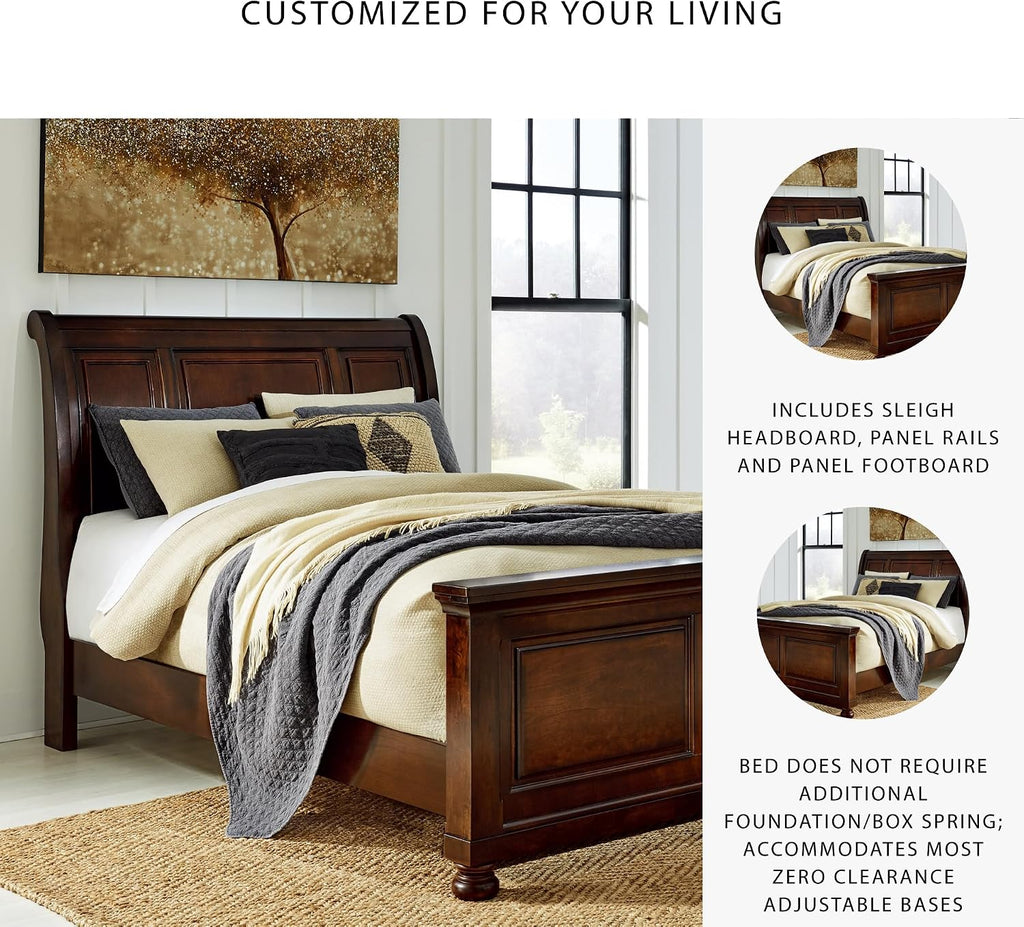 Signature Design by Ashley Porter Traditional Queen Sleigh Bed with Bun Feet, Foundation or Box Spring Needed, Dark Brown