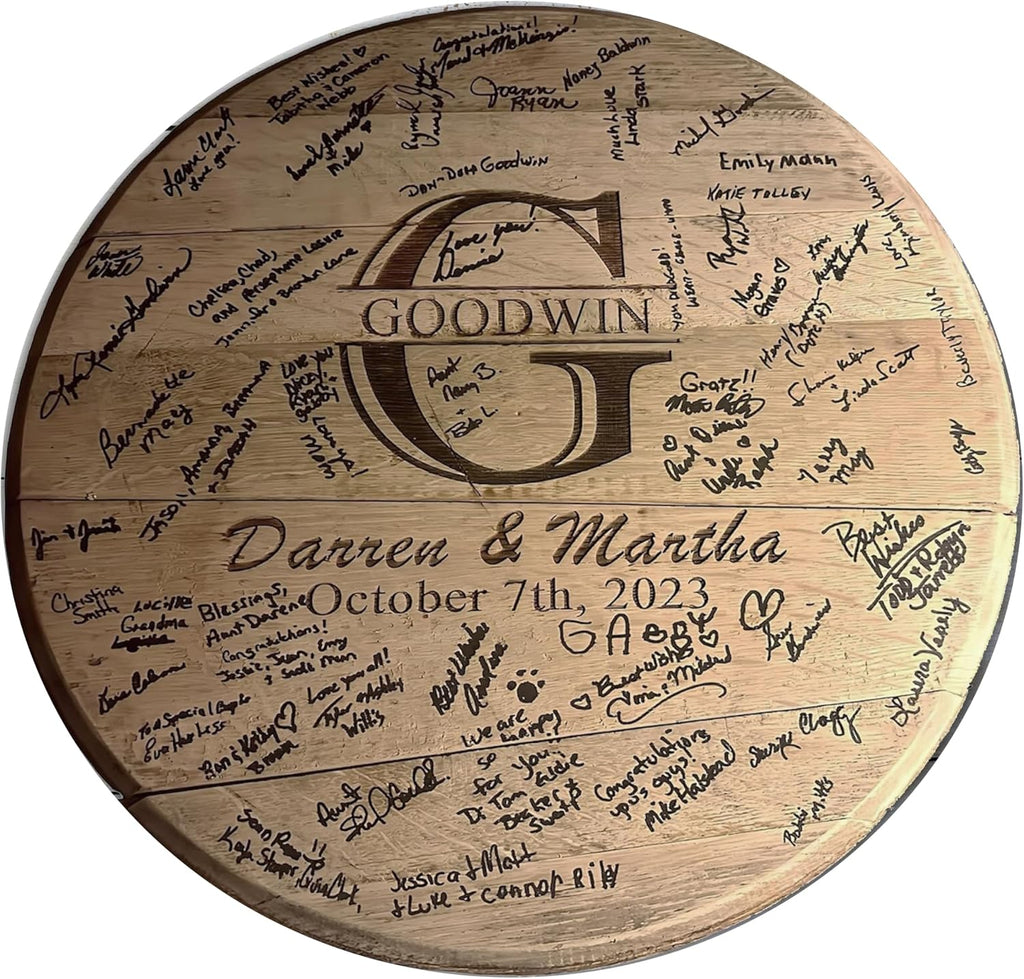 Personalized Wedding Guestbook Alternative - Solid Wooden Centerpiece Made from a Real Bourbon Whiskey Barrel Head - Beautiful Decoration for Weddings - Made in The USA
