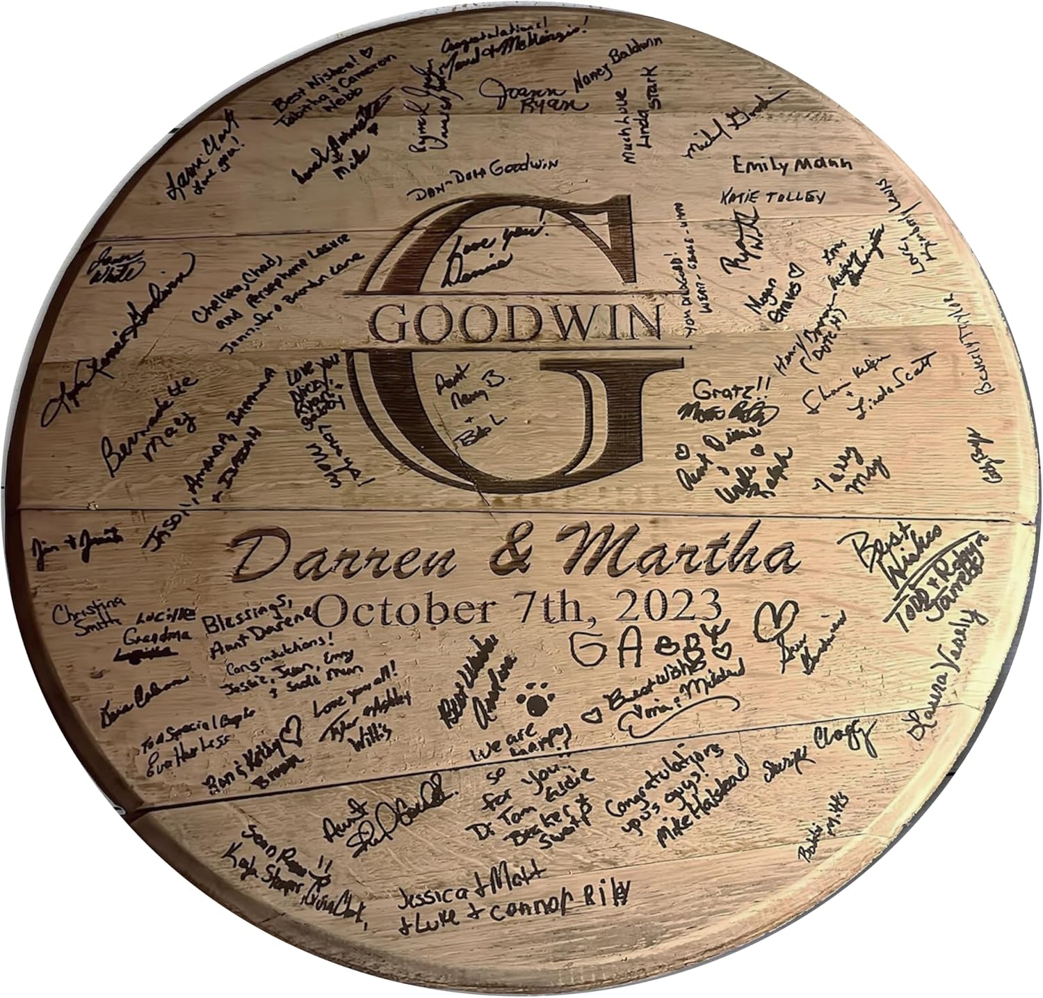 Personalized Wedding Guestbook Alternative - Solid Wooden Centerpiece Made from a Real Bourbon Whiskey Barrel Head - Beautiful Decoration for Weddings - Made in The USA