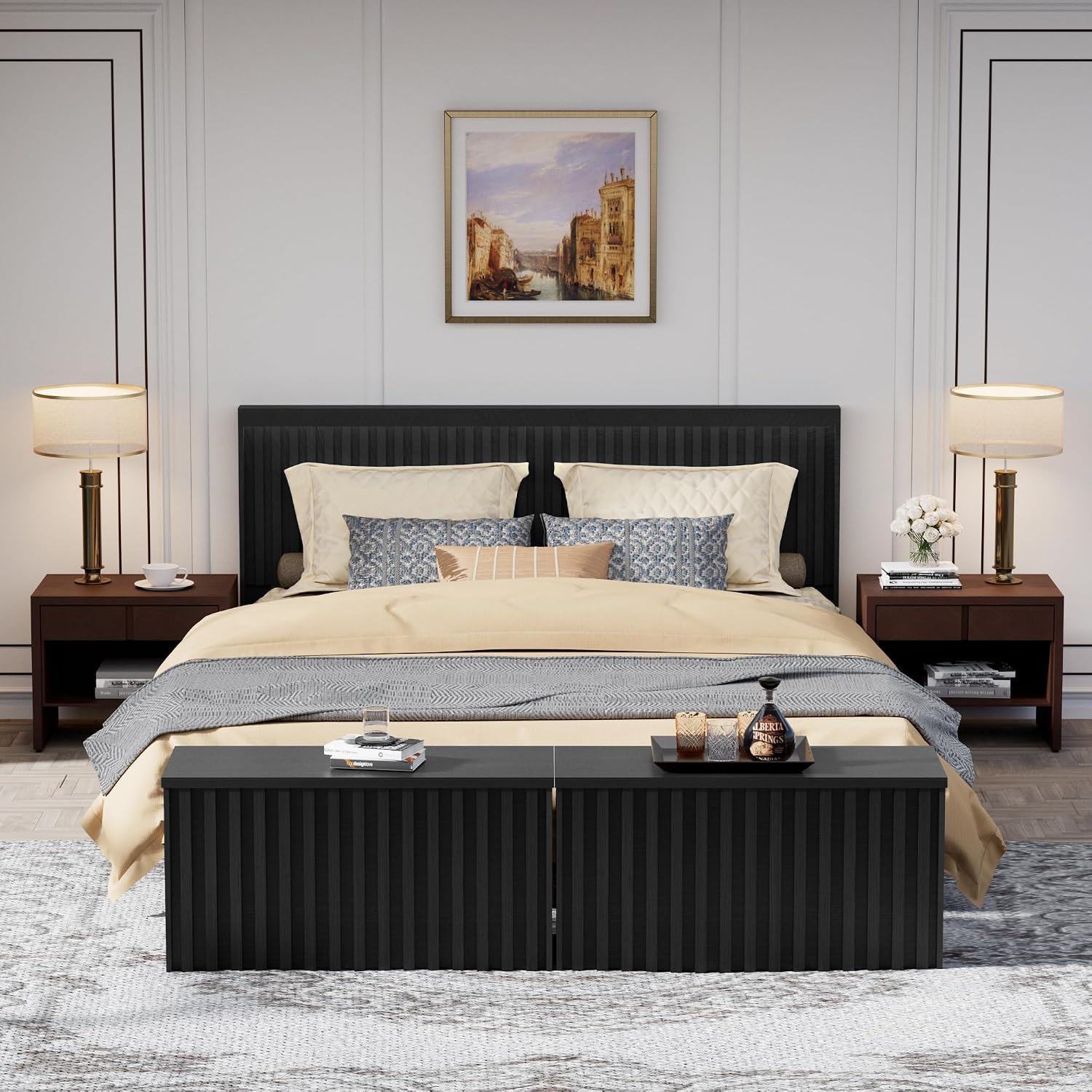 UEV Black Storage Bench Set of 2, 39.4' Fluted Wood Storage Trunk with 2 Safety Hinges, Sturdy Storage Chest, Storage Bench for Bedroom,Entryway, Living Room
