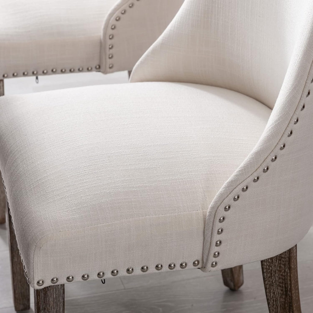 Mid Century Modern Dining Chairs Set of 2 Upholstered Linen Fabric Accent Chairs Wooden Side Chair for Living Room/Dining Room/Bedroom, Cream