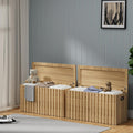 UEV Storage Bench Set of 2, 39.4' Wood Box, Storage Trunk with 2 Safety Hinges, Ottoman Storage Chest Set of 2, Fluted Storage Bench for Bedroom, Shoe Bench for Bedroom, Living Room (Natural Wood)
