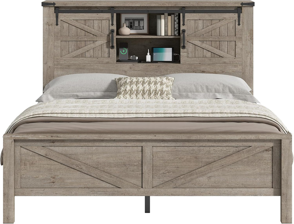 AMERLIFE Farmhouse Queen Bed Frame with Storage Headboard & Charging Station, Rustic Wood Platform Bed with Barn Door Bookcase, No Box Spring Needed, Light Grey Bedroom Furniture