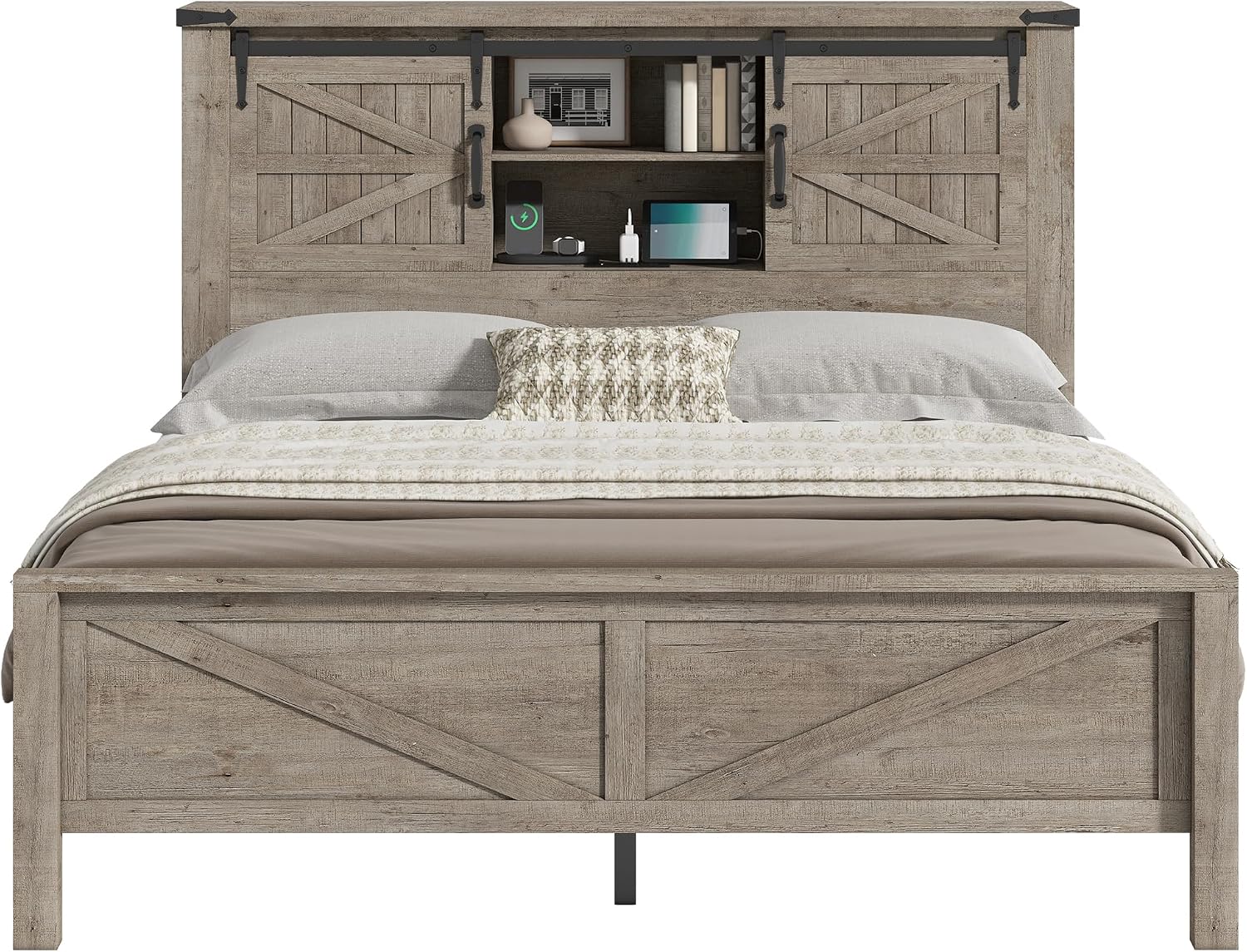 AMERLIFE Farmhouse Queen Bed Frame with Storage Headboard & Charging Station, Rustic Wood Platform Bed with Barn Door Bookcase, No Box Spring Needed, Light Grey Bedroom Furniture