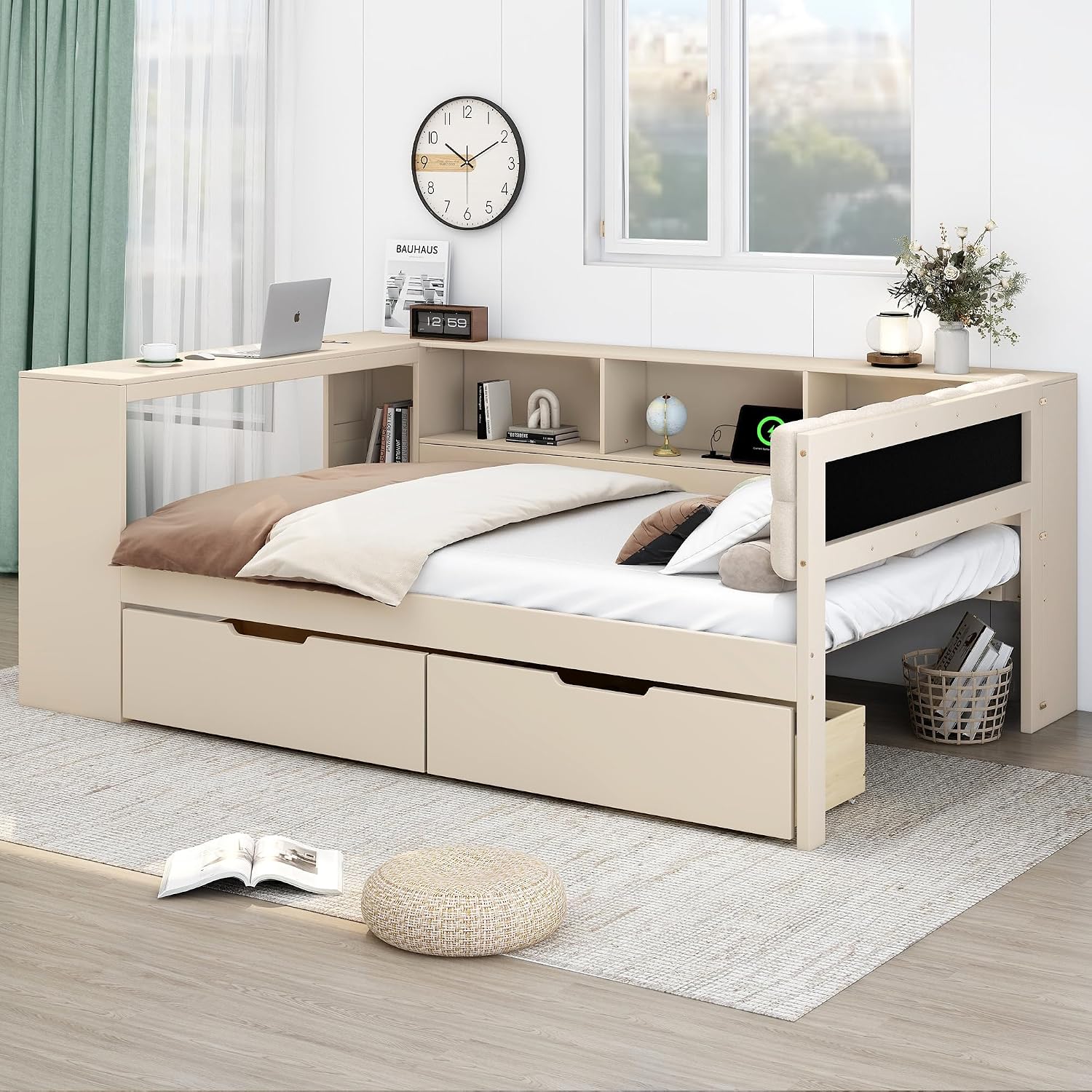 Ball & Cast Wood Full Size Platform Bed with Storage Shelves and Drawers,Multiple Bed Frame w/Charging Station & Upholstered Headboard,Bedroom Furniture Bedframe for Apartment,Cream