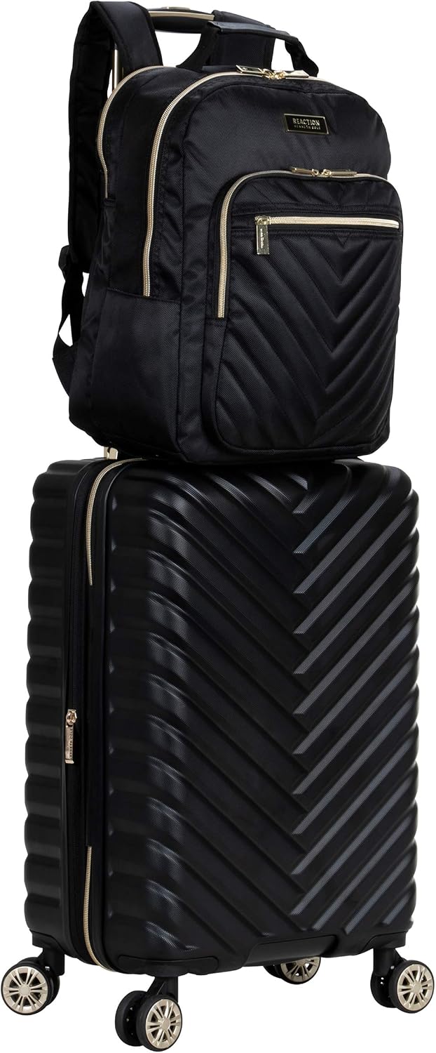 Kenneth Cole REACTION Madison Square Lightweight Hardside Chevron Expandable Spinner Luggage, Black, 2-Piece (20' Carry On + Backpack)