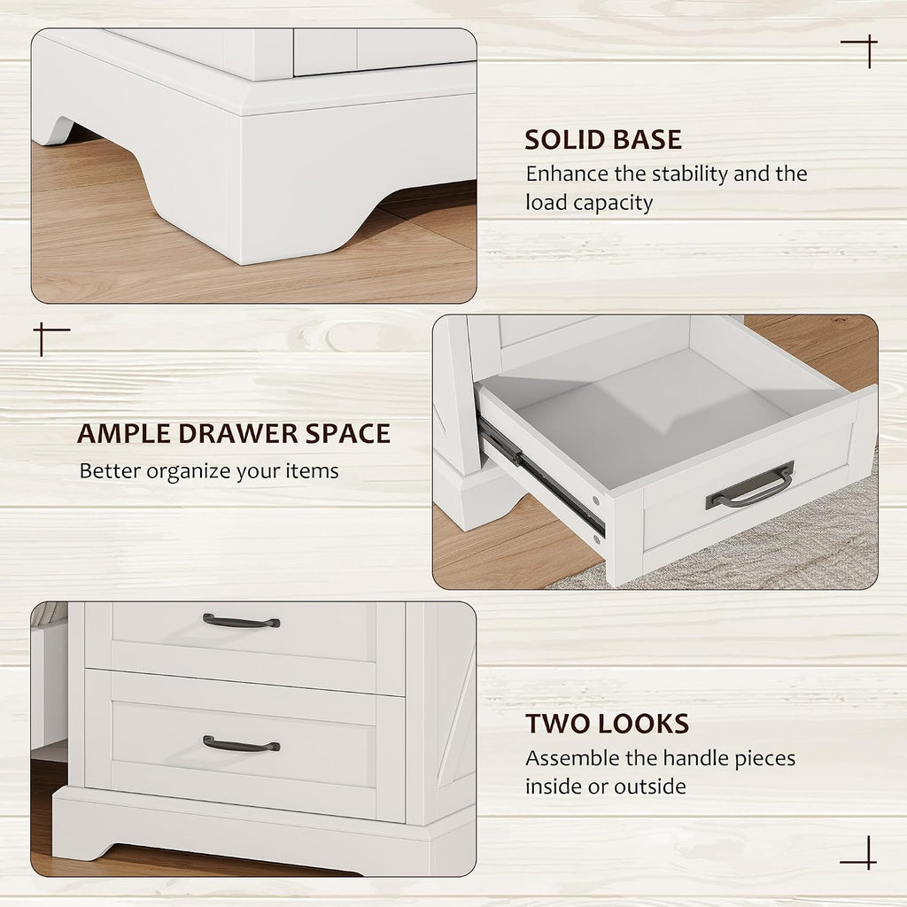 Whalefall Farmhouse Nightstand with Charging Station, 3 Drawers Bedside Table, 22 inch Wide End Table for Bedroom, White