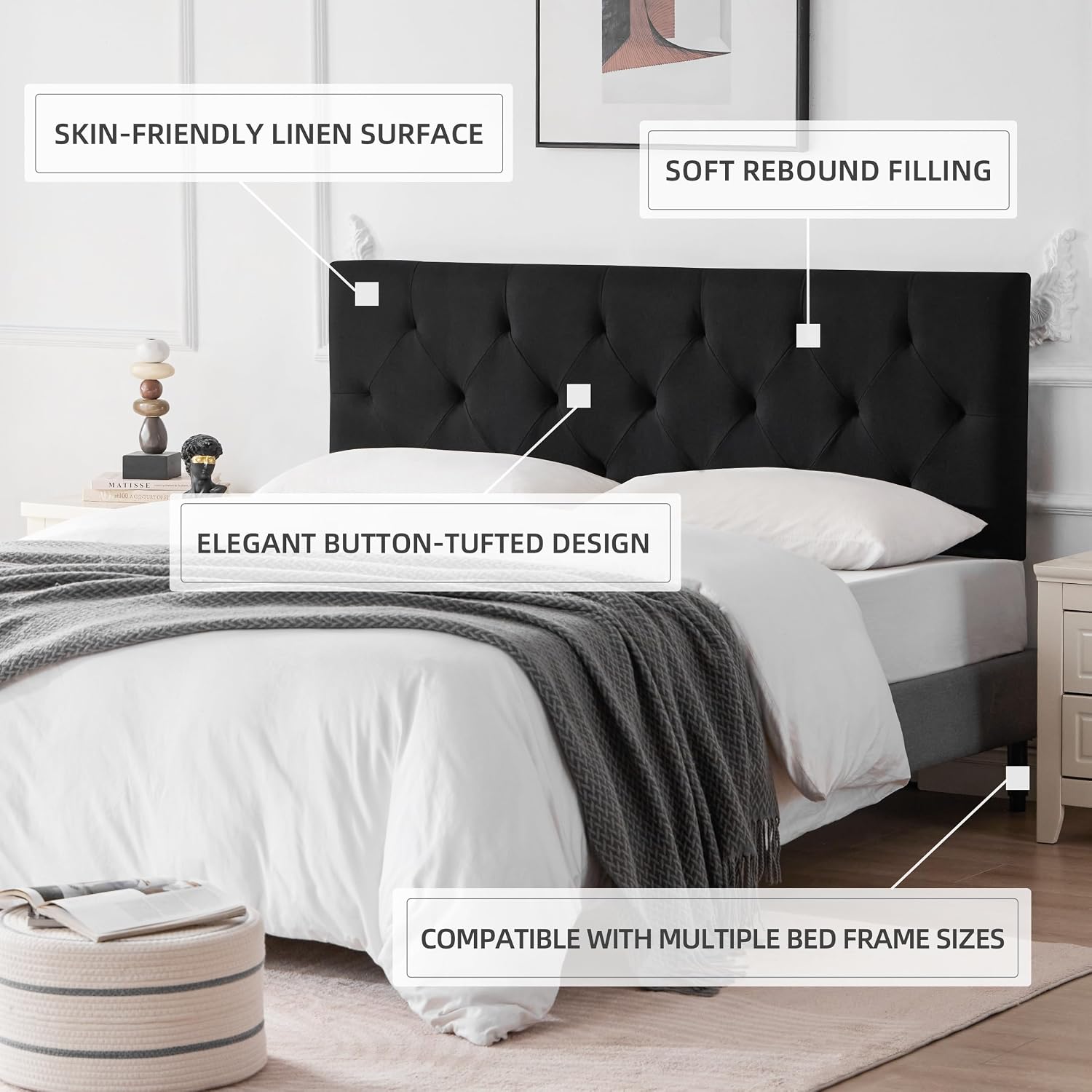 Howjoe Linen Upholstered Headboard King Size, Modern Diamond Tufting Solid Wood California King Headboard Only, Adjustable Height from 37' to 51' Head Board, Bed Frame or Wall Mount Headboards, Black