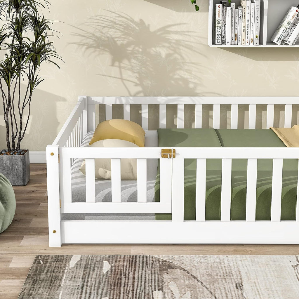 Bellemave Full Size Floor Bed Frame with Fence and Door for Kids, Montessori Floor Bed with Slats and Safety Guardrails,Solid Wood Full Bed Frame for Girls Boys,White